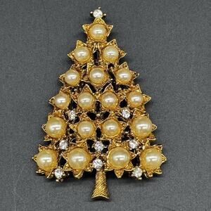 GRAZIANO Gold Tone Rhinestone Pearl Christmas Tree Brooch Pin Signed VTG